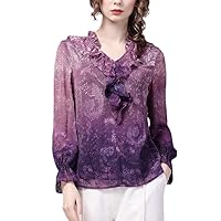 Ladies Loose Purple Floral Print Chiffon Top Long Sleeve Ruffles V-Neck Blouse Spring Summer Women Chic Shirts