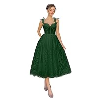Maxianever Plus Size Lace Tulle Long Prom Dresses Spaghetti Straps Flower Women’s Wedding Gowns Tea Length Corset Hunter Green US26W
