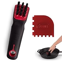 Cuisinel Cast Iron Scrubber Cleaning Brush + Pan/Grill Scraper - Skillet and Grill Cleaner Kit - Soft-Touch Confident-Grip Dish Scrub Tool - Tough on Grease, Gentle on Metal and Non-Stick Cookware