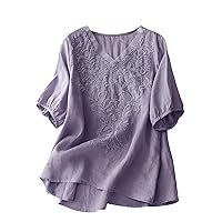 Women's Short Sleeve V-Neck Embroidery Shirts Loose Casual Cotton Linen T-Shirt Summer Fashion Vintage Blouse Tops