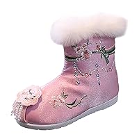 Toddler Tan Boots Cotton Boots For Girl Winter Vintage Embroidered Cloth Boots Plush Kids All Purpose Boots
