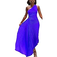 Womens Summer Maxi Dress 2023 Sexy One Shoulder Sleeveless Formal Boho Pleated Dresses