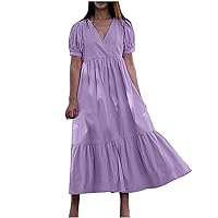 Womens Plus Size Dresses High Waisted Puff Sleeve Ruffle Flowy Ruched Tiered Maxi Dresses Casual Solid Print Long Dresses