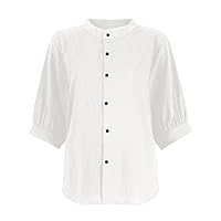 Linen Shirts for Women 2024 Solid Color Button Vintage Fashion Trendy Loose with Half Sleeve Round Neck Shirts