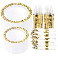 WELLIFE 350 Pieces Gold Plastic Dinnerware,Disposable Gold Lace Plates, Include:50 Dinner Plates,50 Dessert Plates, 50 Pre Rolled Napkins with Gold Silverware and 50 Cups for Mothers Day