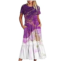 Women Summer Short Sleeve A-Line Dresses Casual Floral Bohemian Dress Holiday Outfits Flowy Beach Sundress with Pocket