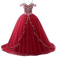 Women's Spaghetti Strap Quinceanera Dress Beaded Short Sleeves Ball Gown Prom Dress