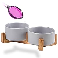 Petygooing Dog Bowls,Grey Ceramic Cat Dog Bowl Set with Wood Stand for Food and Water,Non-Slip Cute Modern Pet Dish Set for Cats & Medium Dogs (28OZ/6.1 in)