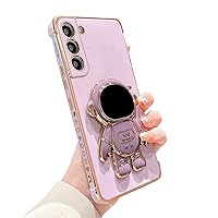 for Samsung Galaxy S23 Case with Astronaut Hidden Stand, Luxury Love Heart Plating Case Side Edge Small Love Pattern for Women Girls Cute Kickstand Phone Case Slim Soft TPU Cover Purple
