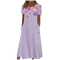 Summer Dresses for Women 2024 Casual Fashion Floral Print Short Sleeve Round Neck Dress with Pocket