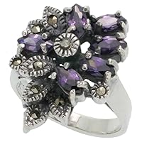 Sterling Silver Marcasite Flower Ring, w/Marquise Cut Amethyst CZ, 7/8 inch (22 mm) Wide