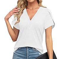 Womens T Shirts Basic Petal Short Sleeve V Neck Tees Fashion Solid Tops Loose Lightweight Clothes 2024