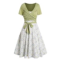 Women's 50s 60s Vintage Dress 2Pcs Set Floral Cami A-Line Party Dress & Wrap V-Neck Lace-Up Short Sleeve Crop Tops
