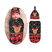 Christmas Baby Stuff Deer Newborn Swaddle Blankets Beanie Hat Sets, Black and Red Check Plaid Snowflake Baby Blanket Swaddle Sack For Baby Shower Infant Boy And Girl Gift