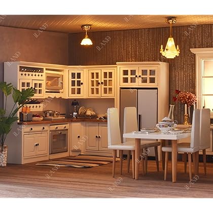 iLAND Wooden Dollhouse Furniture Set on 1/12 Scale for Dollhouse Kitchen incl Modern Miniature Kitchen Cabinets, Fridge, Oven, Microwave, Pots Set, Carpet