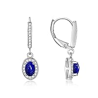 Women's 14K White Gold Dangling Earrings - Oval Shape Gemstone & Diamonds - 6X4MM Birthstone Earrings - Exquisite Color Stone Jewelry