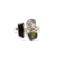 Moldavite Ring, Black Tourmaline, Herkimer Diamond Ring Czech Republic Natural Gemstone 925 Solid Sterling Silver Handmade Jewelry