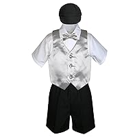 5pc Baby Toddlers Boys Silver Vest Bow Tie Black Shorts Suits Cap S-4T (L:(12-18 months))