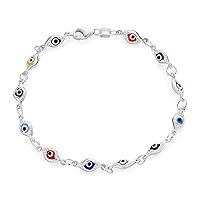 Bling Jewelry Turkish Colorful Multicolor Spiritual Protection Amulet Strand Link Multi Charm Flower Evil Eye Bracelet For Women Teens .925 Sterling Silver 7, 7.5 Inch Made In Turkey