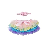 iiniim Newborns Baby Girls 2PCS Princess Tutu Mesh Skirt with Bowknot Flower Headband for 1st First Birthday Party Rainbow 2-3