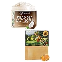 O Naturals Coconut Scrub & 1pc Citrus Soap Bundle - Exfoliating Coconut Oil Dead Sea Salt Deep-Cleansing Face & Body Scrub, Organic & Natural Soap for Men & Women, Citrus Mens Soap