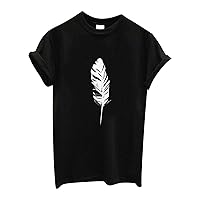 Womens Short Sleeve Tops Cute Casual Feather Printed Shirt Loose Lightweight Crewneck Blouse 2024 Summer Comfy Fashion Tees