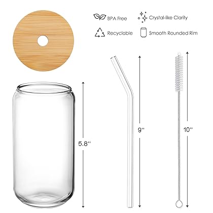 [ 8pcs Set ] Drinking Glasses with Bamboo Lids and Glass Straw - 16oz Can Shaped Glass Cups, Beer Glasses, Iced Coffee Glasses, Cute Tumbler Cup, Ideal for Cocktail, Whiskey, Gift - 2 Cleaning Brushes