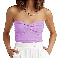 Women's Strapless Tube Tops Ribbed Knit Twist Knot Front Sleeveless Crop Tank