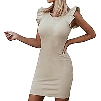 Womens Dresses Formal, Women’s Summer Dress Sleeveless Ruffle Sleeve Round Neck Mini Dress Solid Color Slim Fi