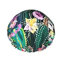 Blooming Cactus Print Soft Shower Cap for Women, Reusable Environmental Protection Hair Bath Caps