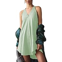 Women V-Neck Mini Dress Casual Sleeveless Linen Dress Loose Summer Dresses Halter Neck Beach Dress with Pockets