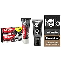 Colgate Optic White Charcoal Whitening Toothpaste, Cool Mint, Enamel-Safe with Fluoride, 2 Pack 4.2oz Tubes & hello Activated Charcoal Epic Whitening Fluoride Free Toothpaste, Fresh Mint + Coconut Oil