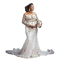 Illusion Sequins Long Sleeves Lace Mermaid Wedding Dresses for Bride with Train Bridal Ball Gown Plus Size