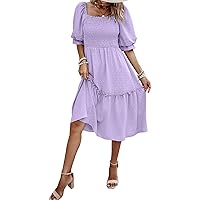 Pretty Garden Womens Puff Sleeve Square Neck A Line Flowy Boho Floral Smocked Dresses