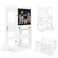 Toddler Tower, Learning Standing Tower, 4-in-1 Kitchen Wooden Stool Helper with Chalkboard, Montessori and Waldorf Helper for Kids in Kitchen, Bamboo Step Stool with Desk Table, and Chair