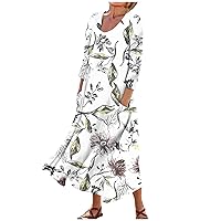 Women's Plus Size Cotton Linen Shirt Floral Dress Casual Loose 3/4 Sleeve Maxi Dress Split Shirt Dresses