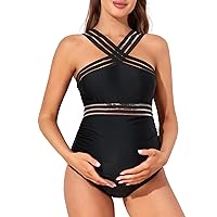 Summer Mae Maternity One Piece Swimsuit Mesh Hollow Pregnancy Bathing Suit Criss Cross Monokini