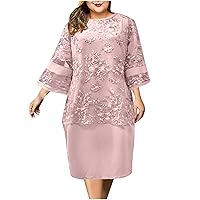 Plus Size Mesh Cocktail Evening Party Dress for Women Crew Neck 3/4 Bell Sleeve Wedding Guest Midi Formal Dresses