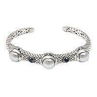 NOVICA Handmade .925 Sterling Silver Cultured Freshwater Pearl Blue Topaz Cuff Bracelet Hinged with White Indonesia Birthstone 'Three Moons'