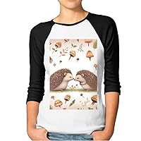 Women's 3/4 Sleeve Shirts Baseball Tee Nature Lovely Hedgehog Lovers Raglan Shirts Casual Tops Comfy Blouses