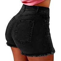 Denim Shorts Women Stretchy Casual Distressed Vacation Beach Shorts Ripped Raw Hem Vintage Juniors Jean Shorts with Pockets
