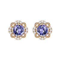 925 Sterling Silver 5mm Round Tanzanite Flower Halo Stud Earrings For Women With Push Back