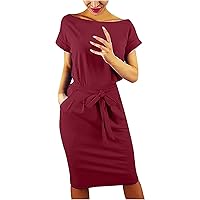 Women's Bohemian Dress Beach Casual Summer Solid Color Flowy Short Sleeve Knee Length Round Neck Trendy Swing
