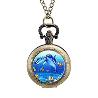 D-olphin Kiss Classic Quartz Pocket Watch with Chain Arabic Numerals Scale Watch