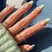 French Tip Press on Nails Almond Long Fake Nails Glossy Flowers Full Cover False Nails for Women and Girls(24Pcs) (D)