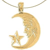 14K Yellow Gold Crescent Moon Face With Star Pendant with 18