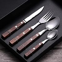 Wooden Silverware Cutlery Set for 16 Red Wooden Handle 18/8 Stainless Steel Cutlery Set Wooden Knife Fork Spoon Reusable Utensils 64 Pieces for Home Restaurant Hotel Apartment