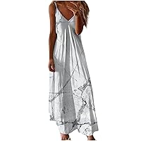 Women's 2024 Summer Vintage Dress Casual V Neck Spaghetti Strap Swing Dresses Flowy Beach Vacation Maxi Sundress