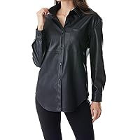 Leather Shirts for Women | Womens Long Sleeve Loose Fit Black Leather Shirts