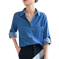 Denim Shirt for Women, Spring Autumn Streetwear Thin Jeans Blouses Tops, Brief Solid Long Sleeve Casual Shirts